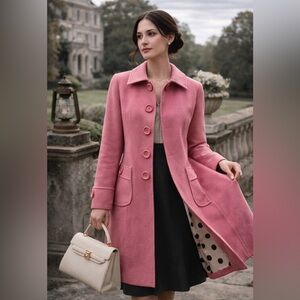 Tulle Pink Wool Blend Coat Women’s Size L Polka Dot Lined Classic Jacket